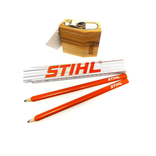 Stihl Zollstock + Zimmermannsbleistifte + Flachmann