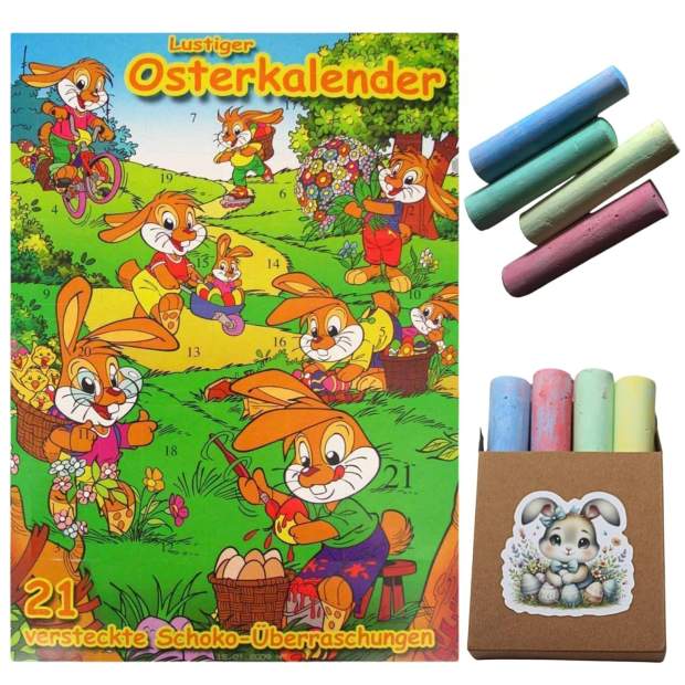 Lustiger Osterkalender mit Schokolade 90g & Tafelkreide Riesenkreide 4 Farben