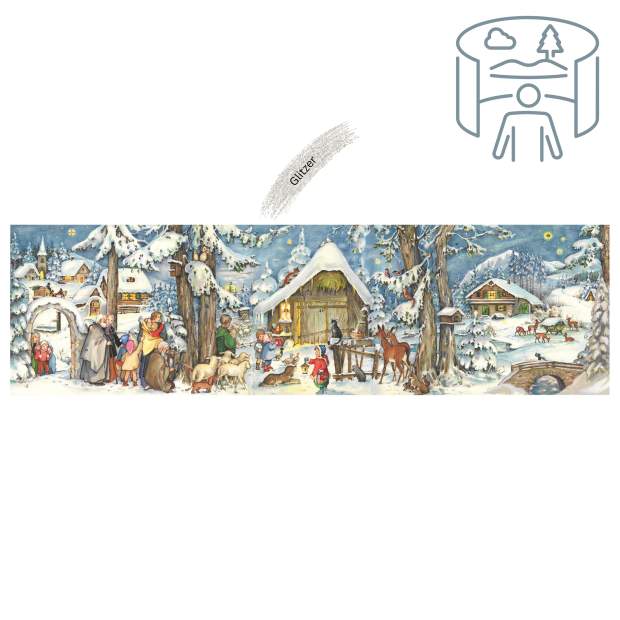 Panorama Adventskalender Am Stall - Nostalgische Winterlandschaft mit Tieren